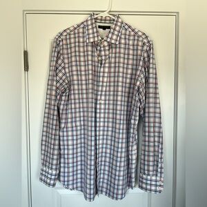 Banana Republic Dress Shirt with Red, White and Blue Plaid Non-Iron Slim Fit